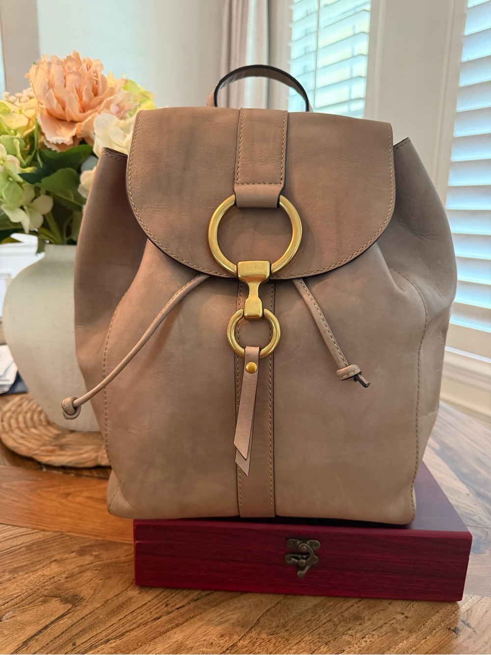 FRYE ILANA Harness Taupe Leather Backpack with Gold Ring Accent